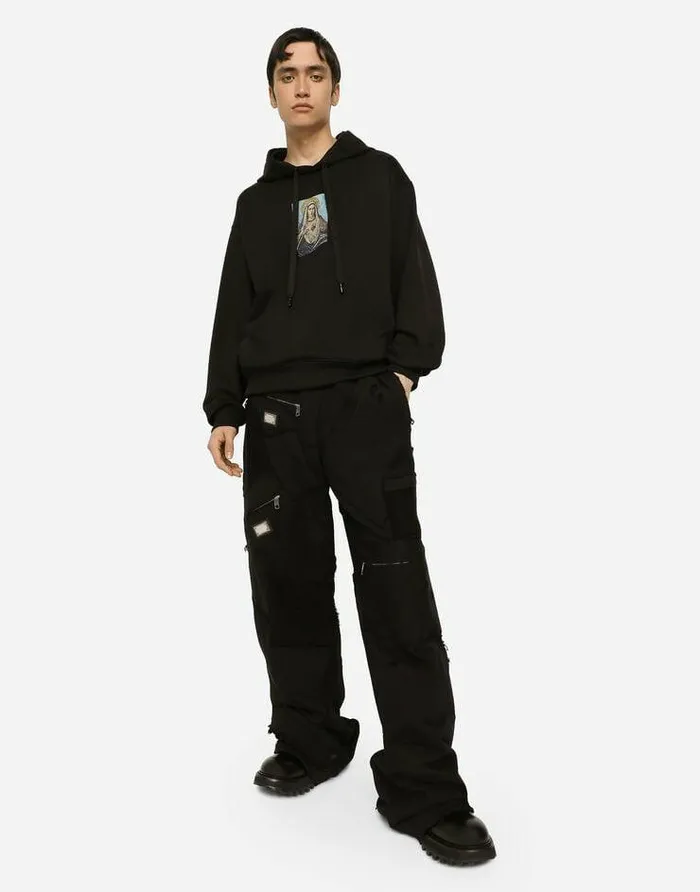 Dolce and Gabbana Sweatshirts Men Jersey Hoodie With Print And Fusible Rhinestone Embellishment Black