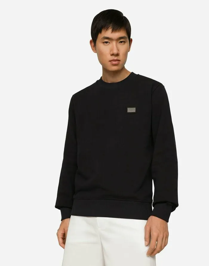 Dolce and Gabbana Sweatshirts Men Jersey Sweatshirt With Branded Tag Blue Dolce and Gabbana Sweatshirts Men Jersey Sweatshirt With Branded Tag Blue