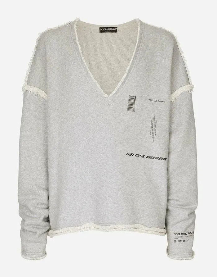 Dolce and Gabbana Sweatshirts Men Printed Jersey Sweatshirt With Small Abrasions Grey