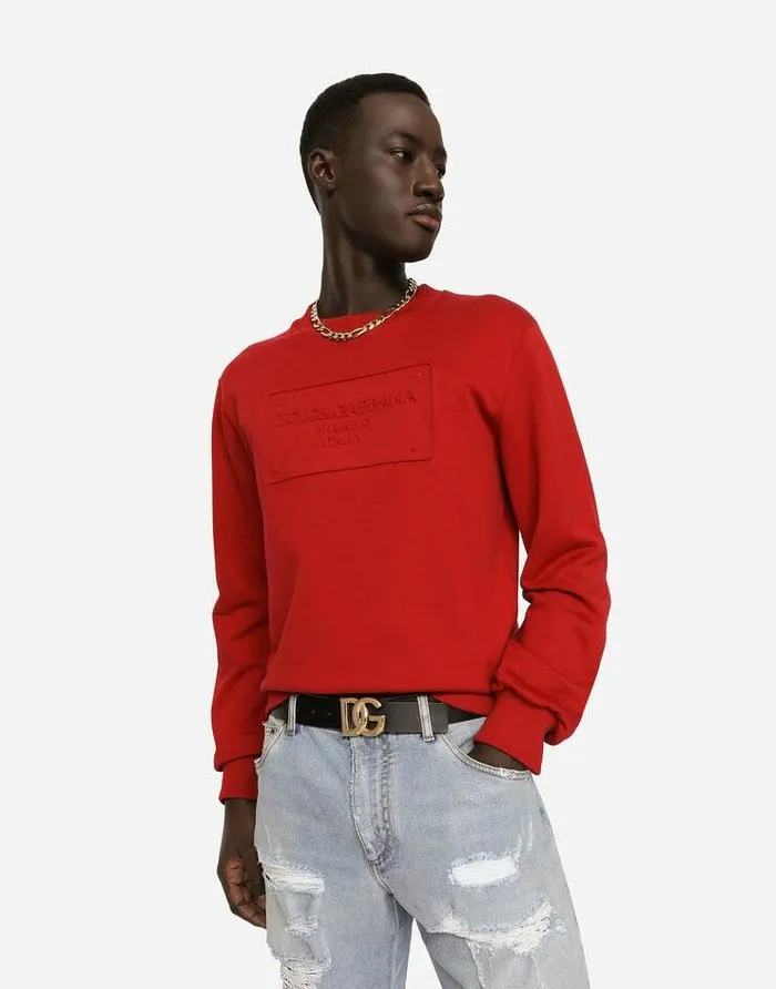 Dolce and Gabbana Sweatshirts Men Technical Jersey Sweatshirt With Embossed DG Logo Red Dolce and Gabbana Sweatshirts Men Technical Jersey Sweatshirt With Embossed DG Logo Red