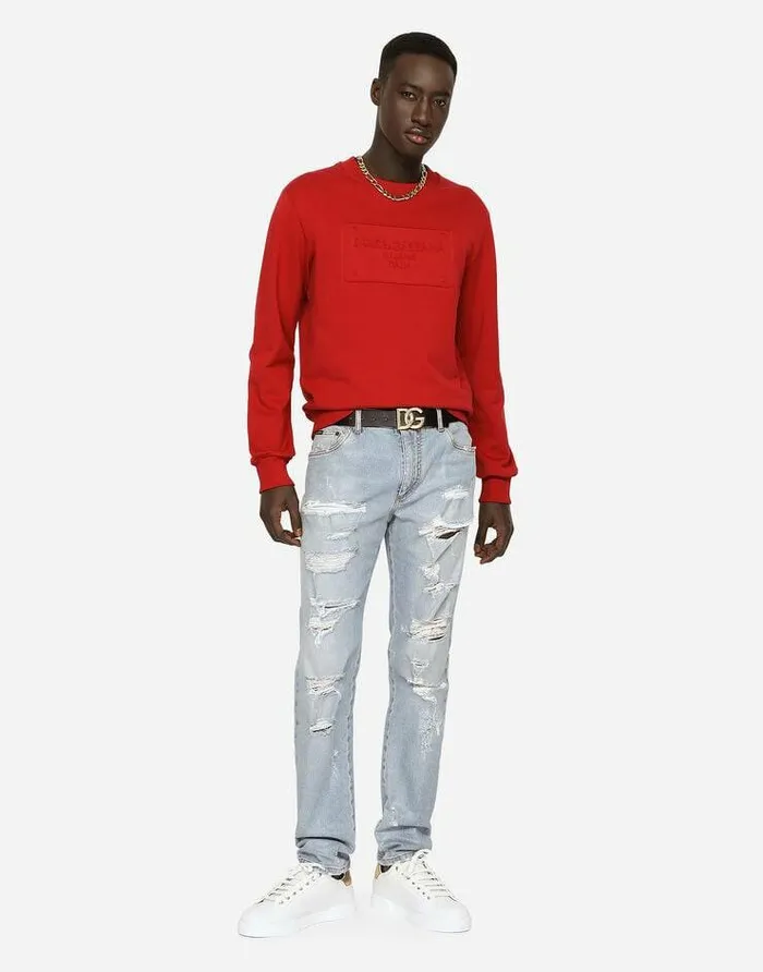 Dolce and Gabbana Sweatshirts Men Technical Jersey Sweatshirt With Embossed DG Logo Red Dolce and Gabbana Sweatshirts Men Technical Jersey Sweatshirt With Embossed DG Logo Red