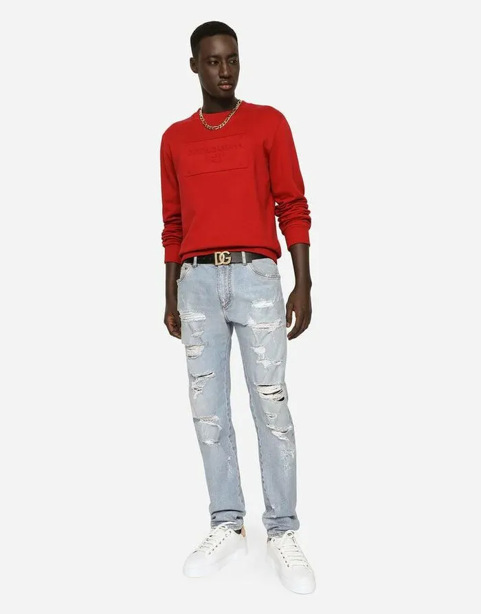 Dolce and Gabbana Sweatshirts Men Technical Jersey Sweatshirt With Embossed DG Logo Red Dolce and Gabbana Sweatshirts Men Technical Jersey Sweatshirt With Embossed DG Logo Red