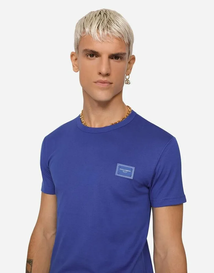 Dolce and Gabbana TShirts And Polos Men Cotton Tshirt With Branded Plate Blue Dolce and Gabbana TShirts And Polos Men Cotton Tshirt With Branded Plate Blue