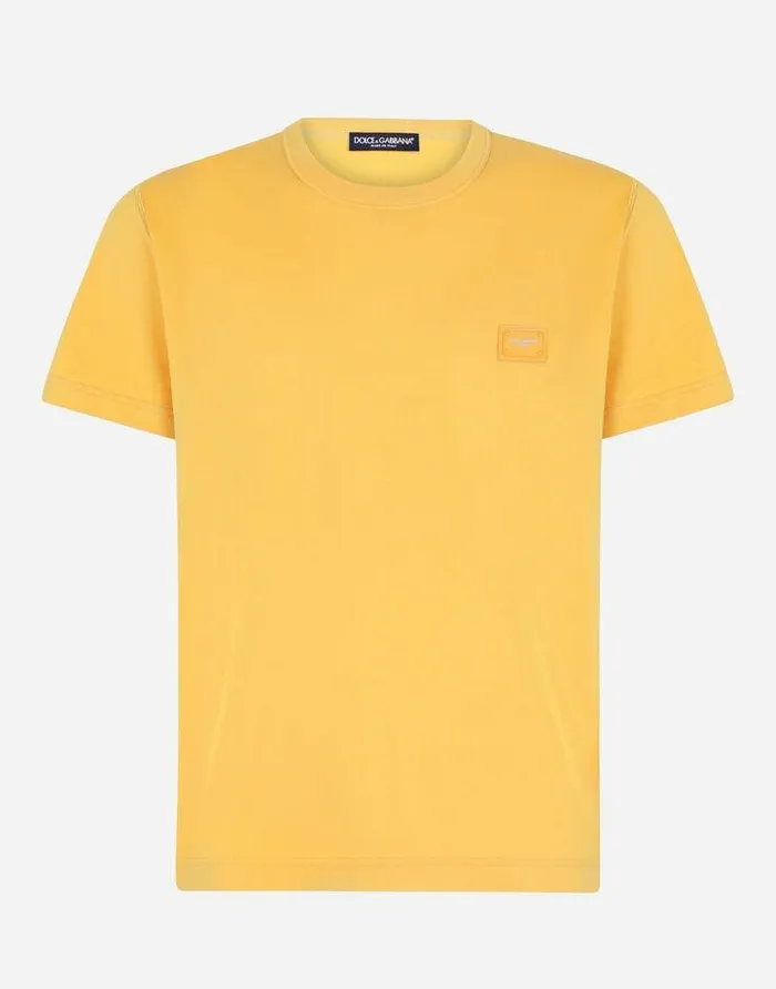 Dolce and Gabbana TShirts And Polos Men Cotton Vneck Tshirt With Branded Plate Yellow Dolce and Gabbana TShirts And Polos Men Cotton Vneck Tshirt With Branded Plate Yellow