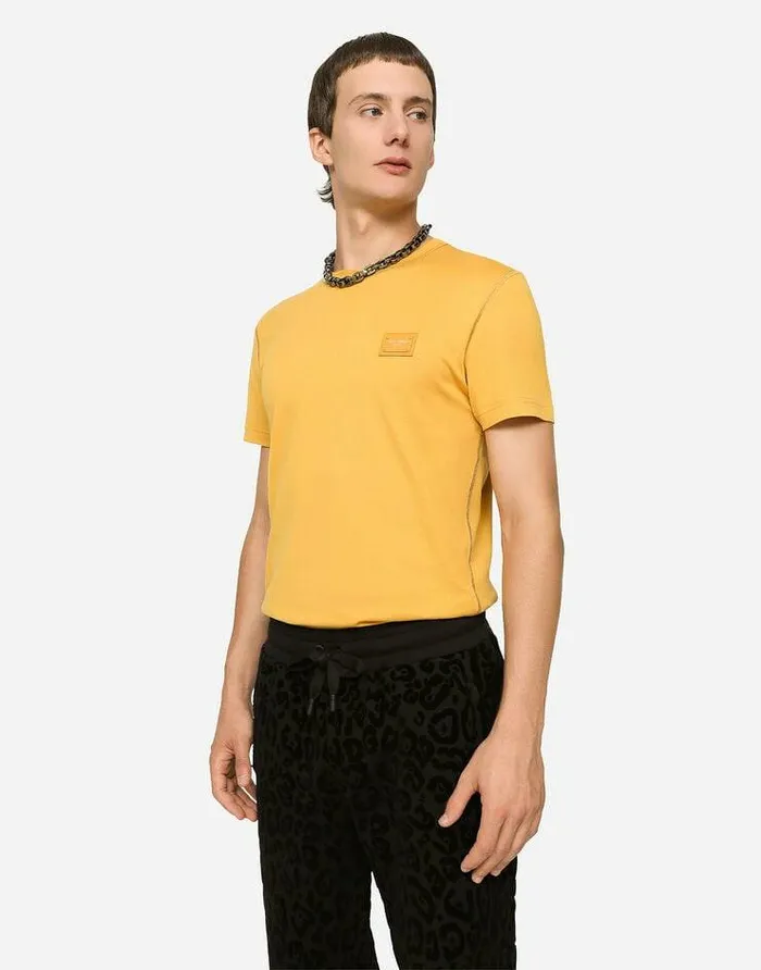 Dolce and Gabbana TShirts And Polos Men Cotton Vneck Tshirt With Branded Plate Yellow