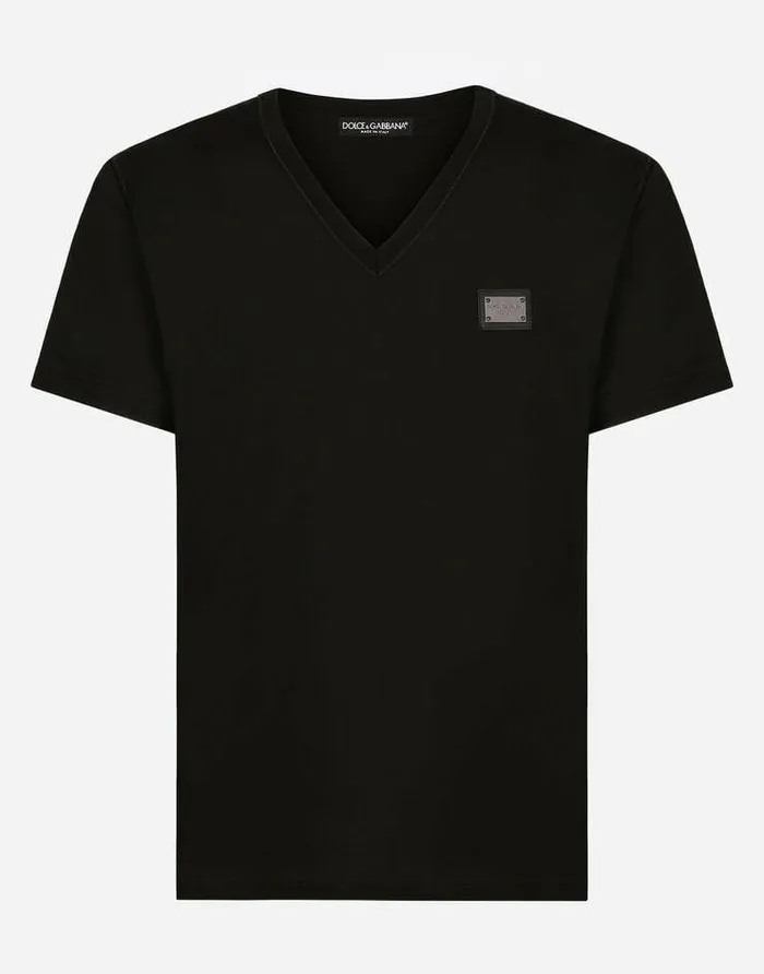 Dolce and Gabbana TShirts And Polos Men Cotton Vneck Tshirt With Branded Tag Black Dolce and Gabbana TShirts And Polos Men Cotton Vneck Tshirt With Branded Tag Black