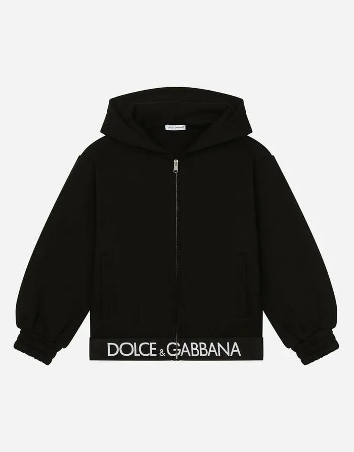 Dolce and Gabbana TShirts And Sweatshirts Children Jersey Hoodie With Branded Elastic Black