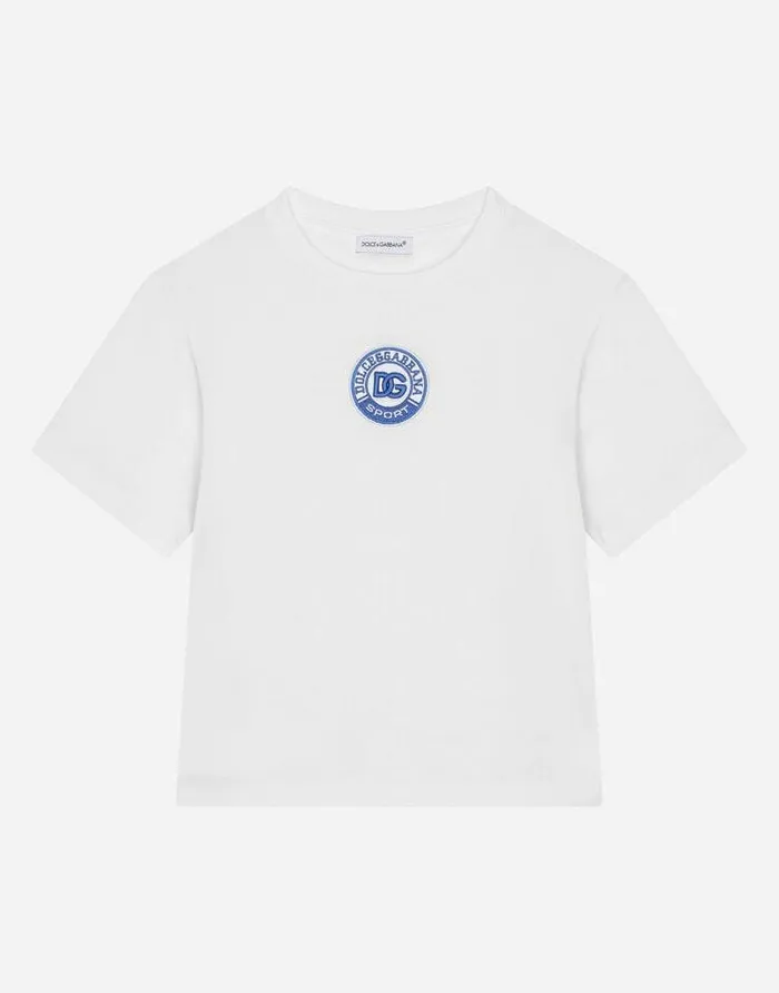 Dolce and Gabbana TShirts And Sweatshirts Children Jersey Roundneck Tshirt With DG Logo Patch White
