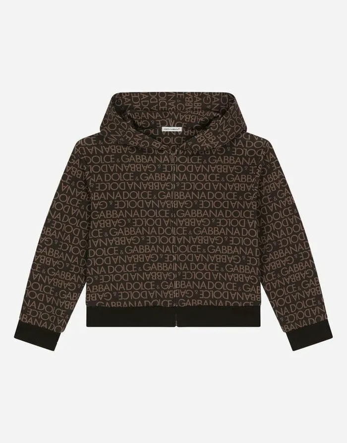 Dolce and Gabbana TShirts And Sweatshirts Children Zipup Hoodie With Allover Logo Print Brown Dolce and Gabbana TShirts And Sweatshirts Children Zipup Hoodie With Allover Logo Print Brown