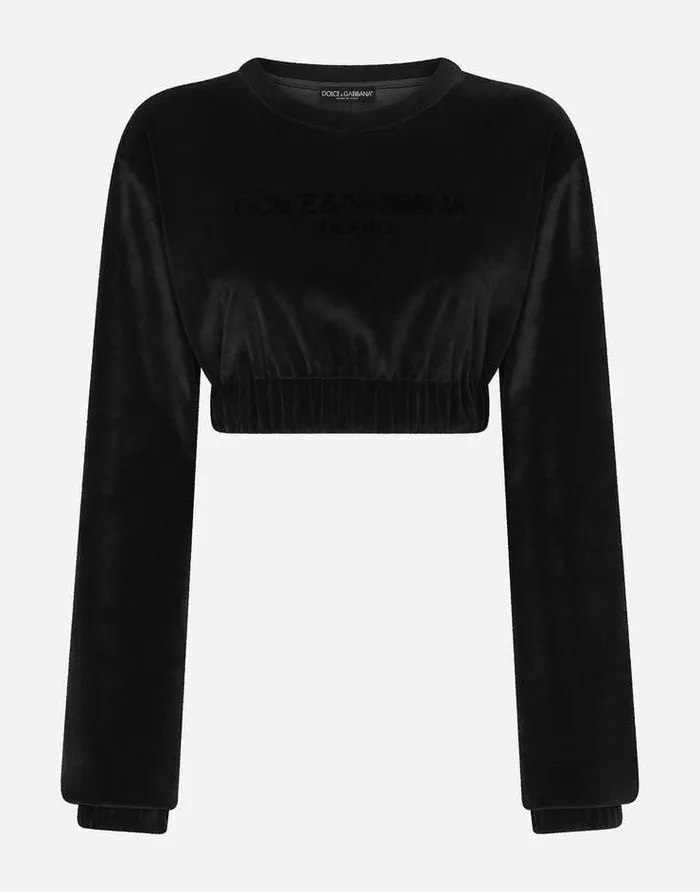Dolce and Gabbana TShirts And Sweatshirts Women Cropped Chenille Sweatshirt With Carpetstitch Embroidery Black