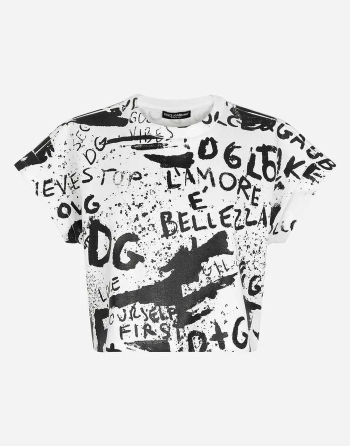 Dolce and Gabbana TShirts And Sweatshirts Women Cropped Jersey Tshirt With DG Graffiti Print Multicolor