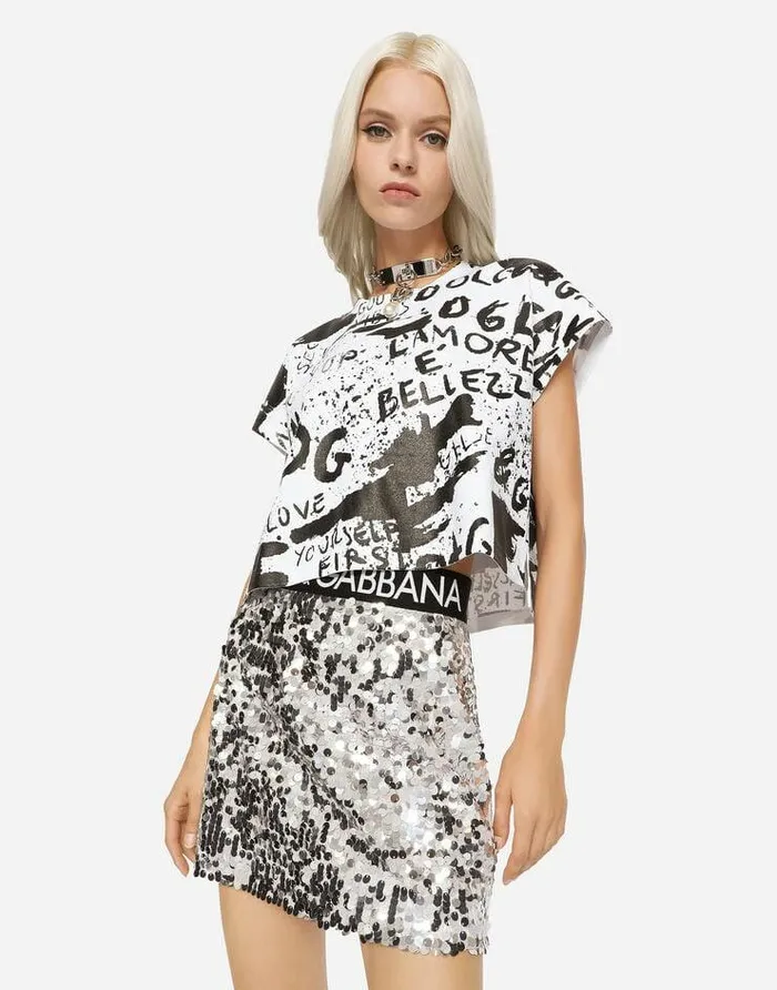 Dolce and Gabbana TShirts And Sweatshirts Women Cropped Jersey Tshirt With DG Graffiti Print Multicolor Dolce and Gabbana TShirts And Sweatshirts Women Cropped Jersey Tshirt With DG Graffiti Print Multicolor