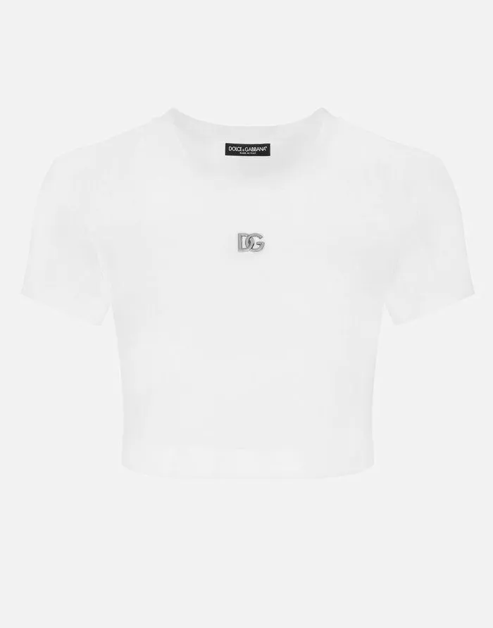Dolce and Gabbana TShirts And Sweatshirts Women Cropped Jersey Tshirt With DG Logo White Dolce and Gabbana TShirts And Sweatshirts Women Cropped Jersey Tshirt With DG Logo White