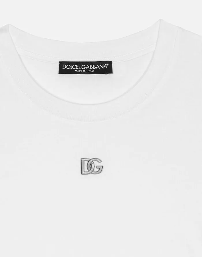 Dolce and Gabbana TShirts And Sweatshirts Women Cropped Jersey Tshirt With DG Logo White Dolce and Gabbana TShirts And Sweatshirts Women Cropped Jersey Tshirt With DG Logo White