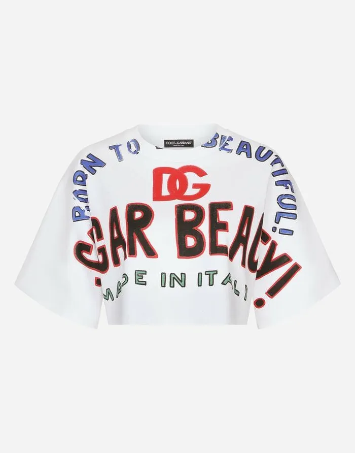 Dolce and Gabbana TShirts And Sweatshirts Women Cropped Jersey Tshirt With DolceandGabbana Lettering White Dolce and Gabbana TShirts And Sweatshirts Women Cropped Jersey Tshirt With DolceandGabbana Lettering White