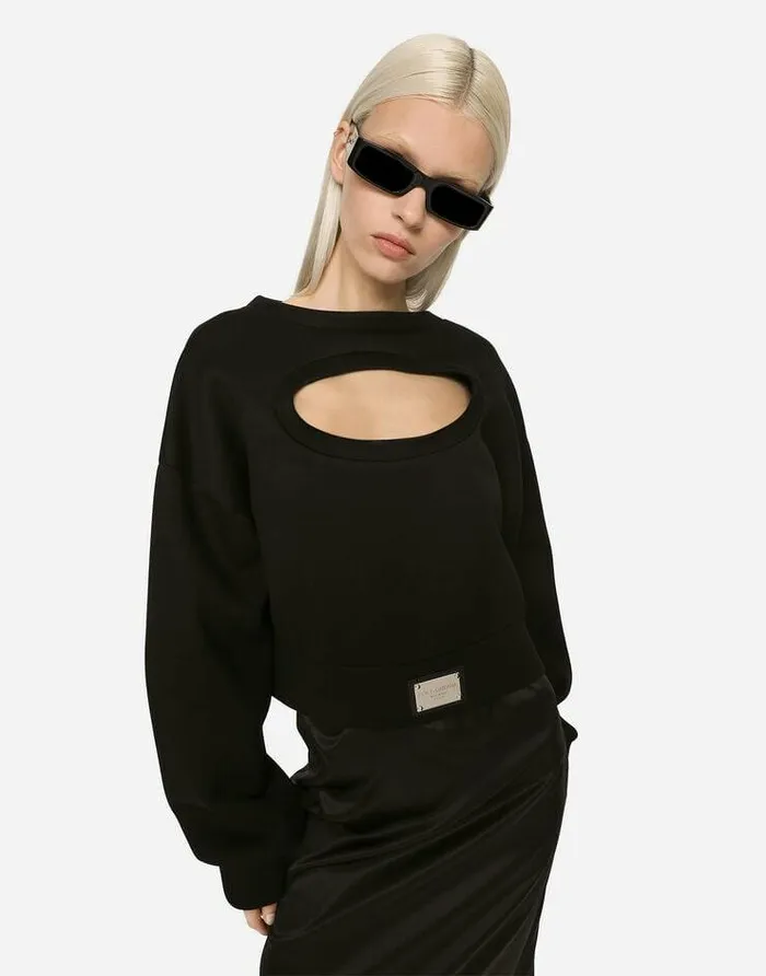 Dolce and Gabbana TShirts And Sweatshirts Women Technical Jersey Sweatshirt With Cutout And DolceandGabbana Tag Black Dolce and Gabbana TShirts And Sweatshirts Women Technical Jersey Sweatshirt With Cutout And DolceandGabbana Tag Black