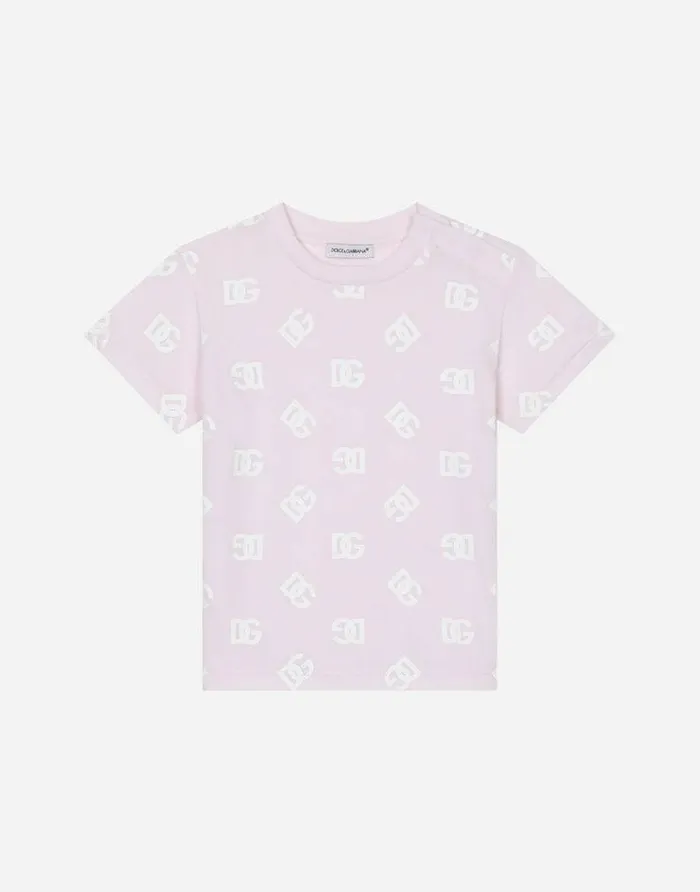 Dolce and Gabbana Topwear Children Jersey Tshirt With Allover DG Logo Print Pink