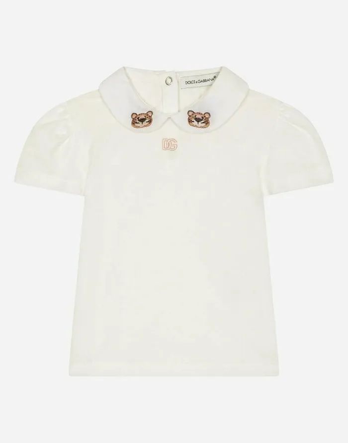 Dolce and Gabbana Topwear Children Jersey Tshirt With Baby Leopard Embroidery White