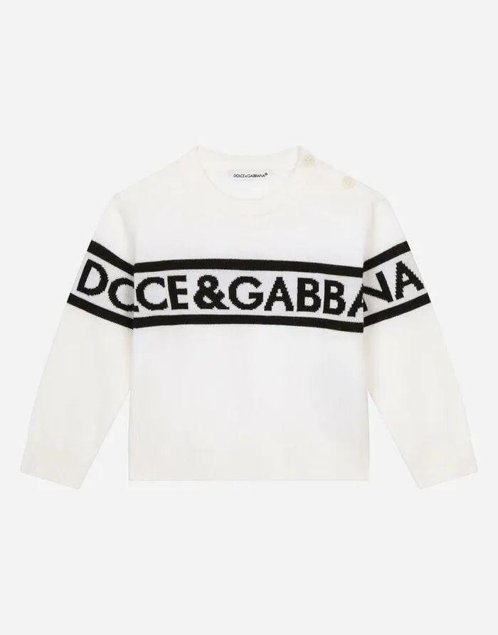 Dolce and Gabbana Topwear Children Roundneck Sweater With Logo Inlay Multicolor