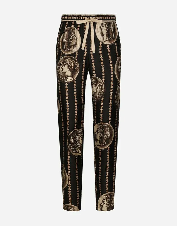 Dolce and Gabbana Trousers And Shorts Men Coin Print Silk Twill Jogging Pants Black Dolce and Gabbana Trousers And Shorts Men Coin Print Silk Twill Jogging Pants Black