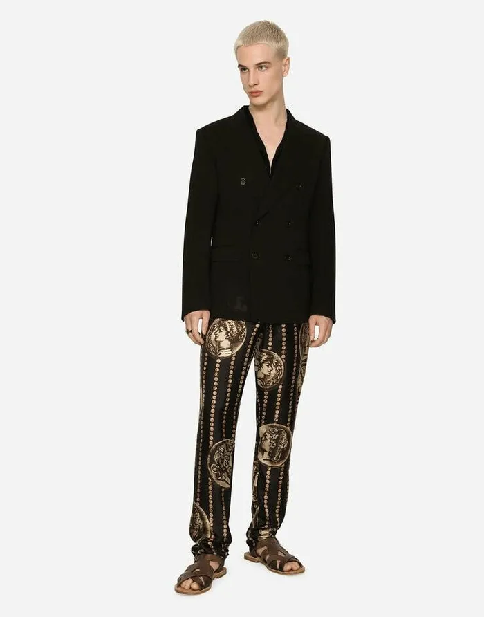 Dolce and Gabbana Trousers And Shorts Men Coin Print Silk Twill Jogging Pants Black Dolce and Gabbana Trousers And Shorts Men Coin Print Silk Twill Jogging Pants Black
