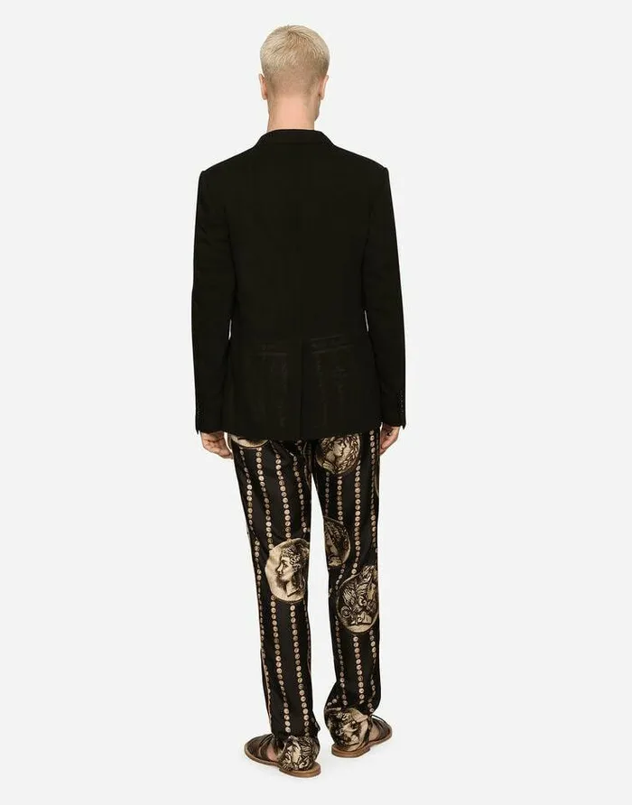 Dolce and Gabbana Trousers And Shorts Men Coin Print Silk Twill Jogging Pants Black Dolce and Gabbana Trousers And Shorts Men Coin Print Silk Twill Jogging Pants Black