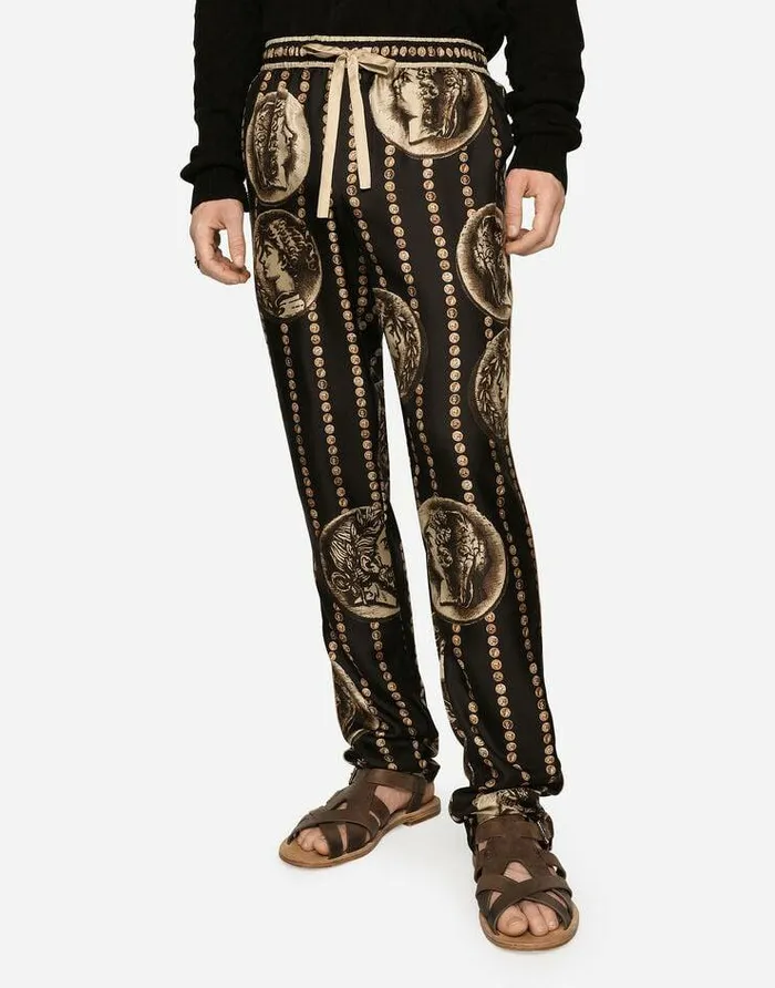 Dolce and Gabbana Trousers And Shorts Men Coin Print Silk Twill Jogging Pants Black Dolce and Gabbana Trousers And Shorts Men Coin Print Silk Twill Jogging Pants Black