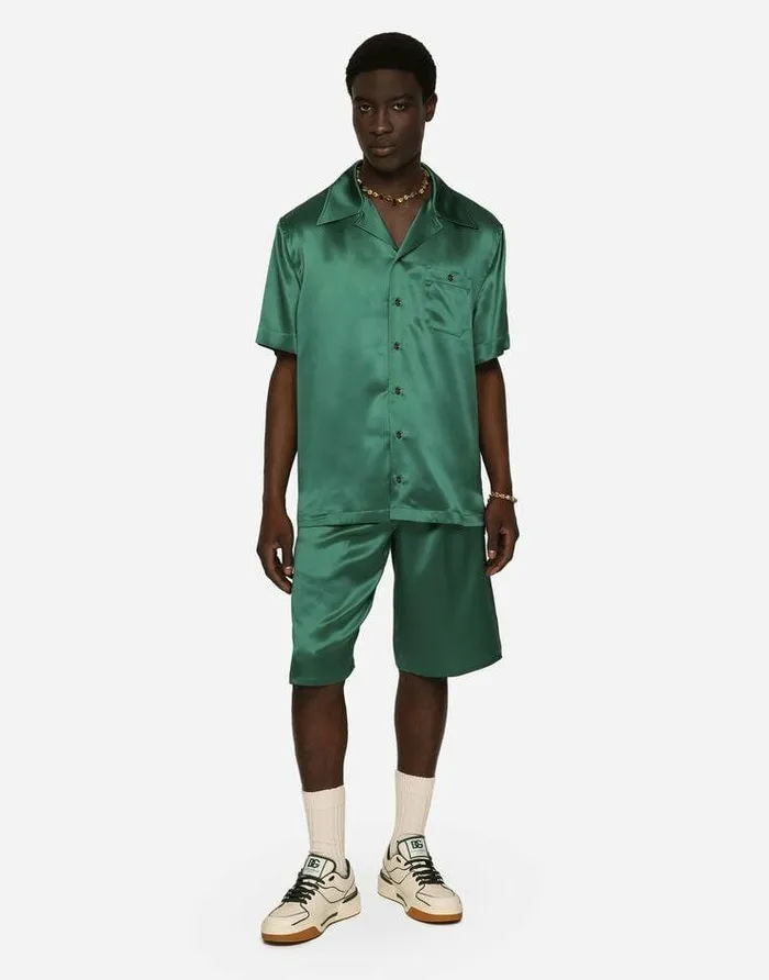 Dolce and Gabbana Trousers And Shorts Men Silk Satin Jogging Shorts With Metal DG Logo Multicolor