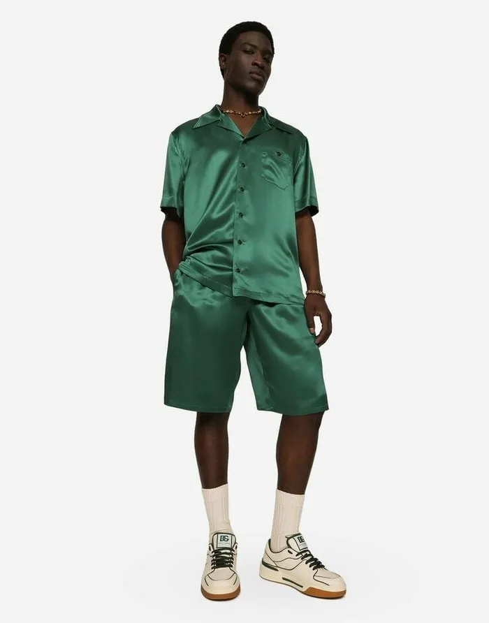 Dolce and Gabbana Trousers And Shorts Men Silk Satin Jogging Shorts With Metal DG Logo Multicolor