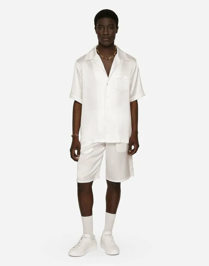 Dolce and Gabbana Trousers And Shorts Men Silk Satin Jogging Shorts With Metal DG Logo White Dolce and Gabbana Trousers And Shorts Men Silk Satin Jogging Shorts With Metal DG Logo White
