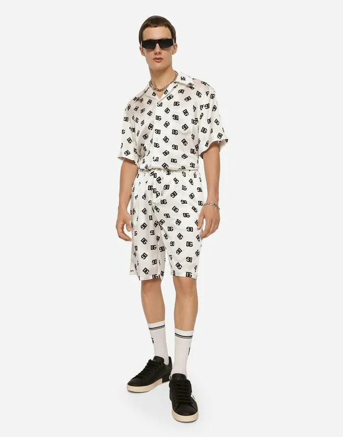 Dolce and Gabbana Trousers And Shorts Men Silk Twill Jogging Shorts With DG Monogram Print Multicolor Dolce and Gabbana Trousers And Shorts Men Silk Twill Jogging Shorts With DG Monogram Print Multicolor