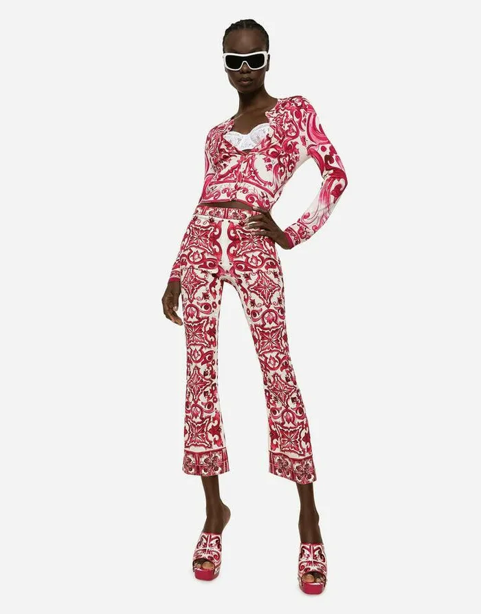 Dolce and Gabbana Trousers And Shorts Women Flared Trumpetleg Charmeuse Pants With Majolica Print Multicolor Dolce and Gabbana Trousers And Shorts Women Flared Trumpetleg Charmeuse Pants With Majolica Print Multicolor