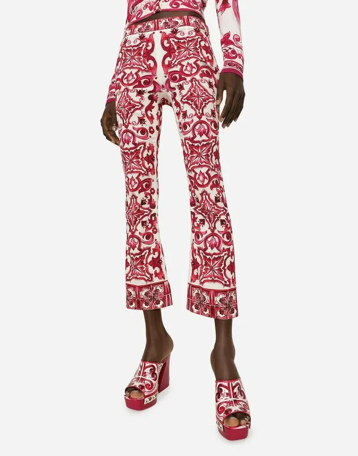 Dolce and Gabbana Trousers And Shorts Women Flared Trumpetleg Charmeuse Pants With Majolica Print Multicolor Dolce and Gabbana Trousers And Shorts Women Flared Trumpetleg Charmeuse Pants With Majolica Print Multicolor