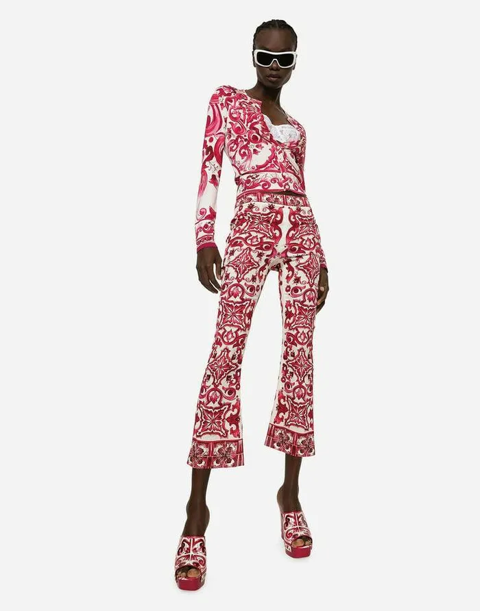 Dolce and Gabbana Trousers And Shorts Women Flared Trumpetleg Charmeuse Pants With Majolica Print Multicolor Dolce and Gabbana Trousers And Shorts Women Flared Trumpetleg Charmeuse Pants With Majolica Print Multicolor