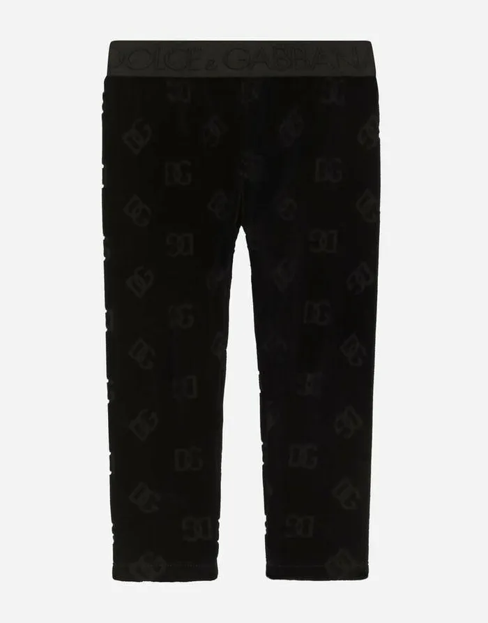 Dolce and Gabbana Trousers And Skirts Children Velvet Jacquard Leggings With DG Logo Black Dolce and Gabbana Trousers And Skirts Children Velvet Jacquard Leggings With DG Logo Black