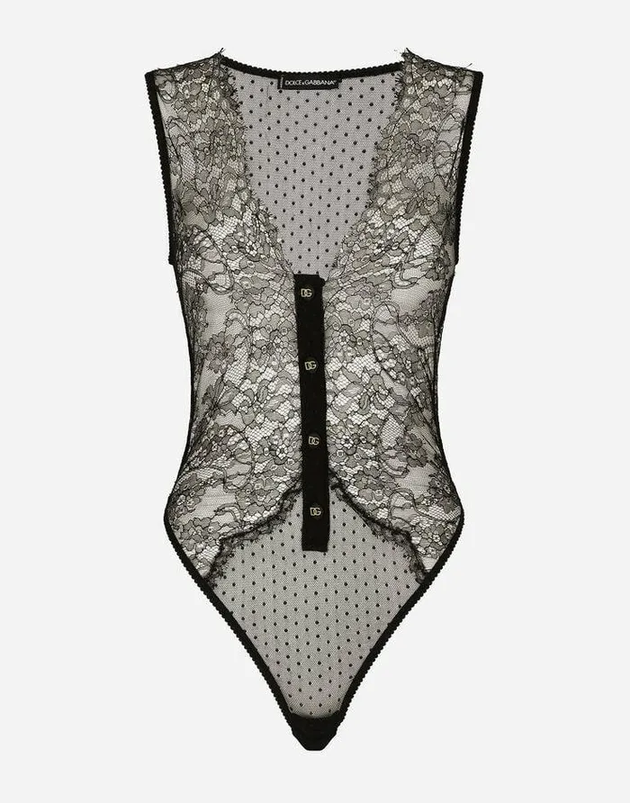 Dolce and Gabbana Underwear Women Lace Bodysuit With Plunging Neckline Black