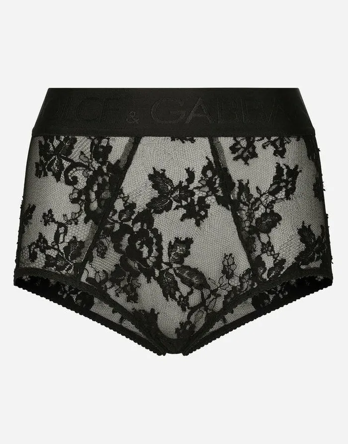 Dolce and Gabbana Underwear Women Lace Highwaisted Panties With Branded Elastic Black