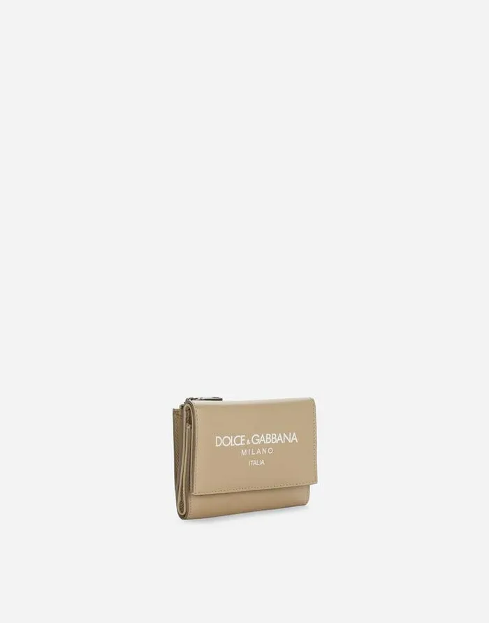 Dolce and Gabbana Wallets And Small Leather Goods Men Calfskin French Flap Wallet With Logo Beige