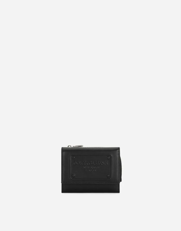 Dolce and Gabbana Wallets And Small Leather Goods Men Calfskin French Flap Wallet With Raised Logo Black