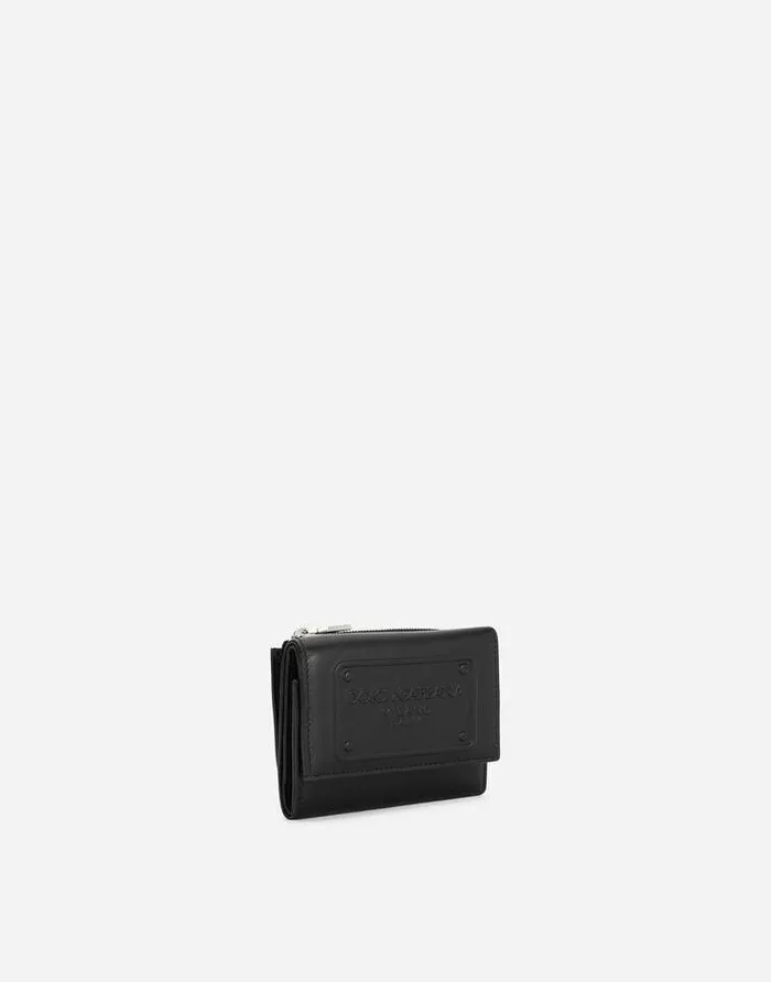Dolce and Gabbana Wallets And Small Leather Goods Men Calfskin French Flap Wallet With Raised Logo Black