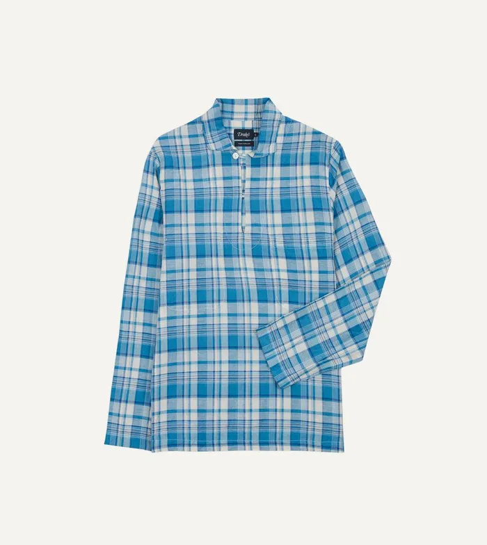 Drake039s Blue Madras Check Linen Smock Shirt 8211 Shirts