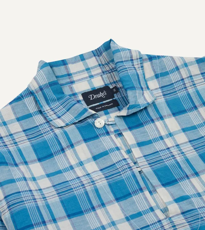 Drake039s Blue Madras Check Linen Smock Shirt 8211 Shirts