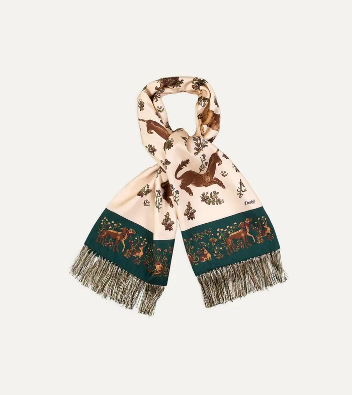 Drake039s Ecru Unicorn Print Tubular Silk Tasselled Scarf 8211 Accessories
