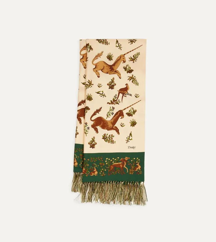 Drake039s Ecru Unicorn Print Tubular Silk Tasselled Scarf 8211 Accessories