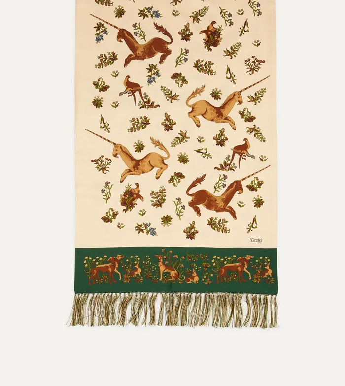 Drake039s Ecru Unicorn Print Tubular Silk Tasselled Scarf 8211 Accessories