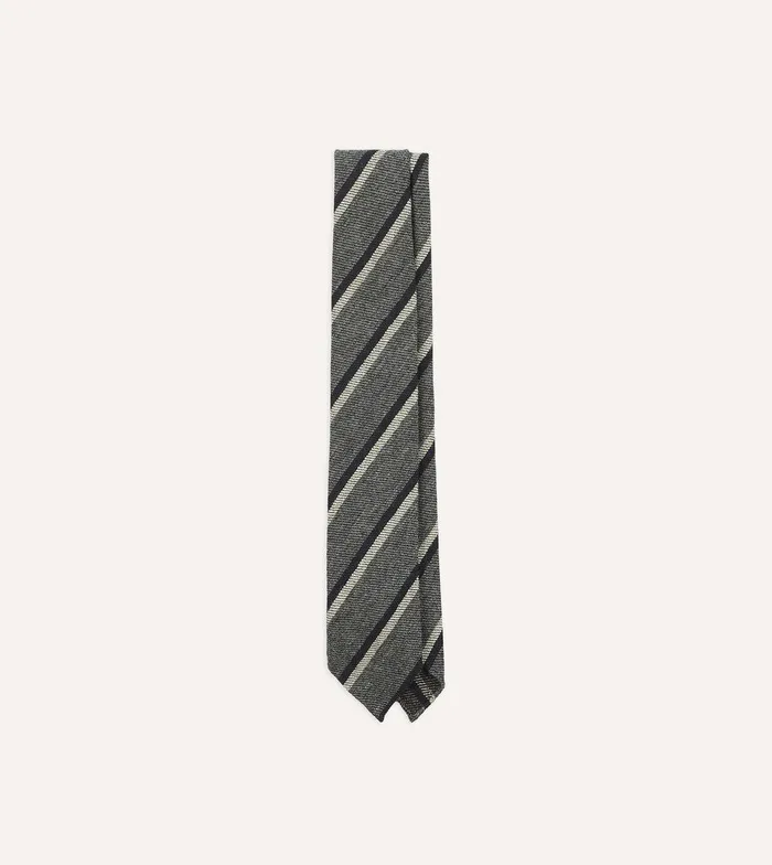 Drake039s Grey And Navy Sandwich Stripe Hand Rolled Shetland Wool Tie 8211 Ties