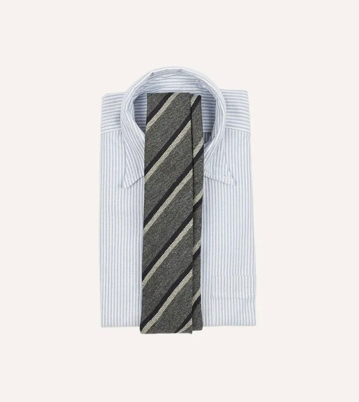 Drake039s Grey And Navy Sandwich Stripe Hand Rolled Shetland Wool Tie 8211 Ties