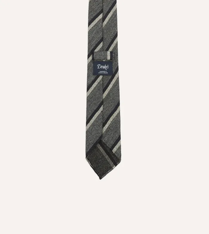 Drake039s Grey And Navy Sandwich Stripe Hand Rolled Shetland Wool Tie 8211 Ties