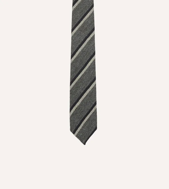 Drake039s Grey And Navy Sandwich Stripe Hand Rolled Shetland Wool Tie 8211 Ties