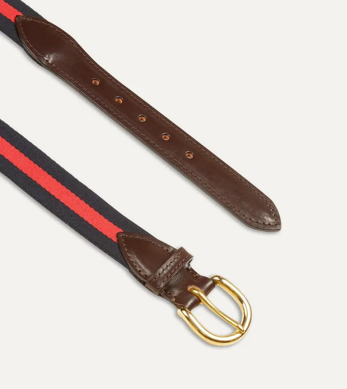 Drake039s Navy And Red Stripe Webbing And Leather Belt With Brass Buckle 8211 Accessories